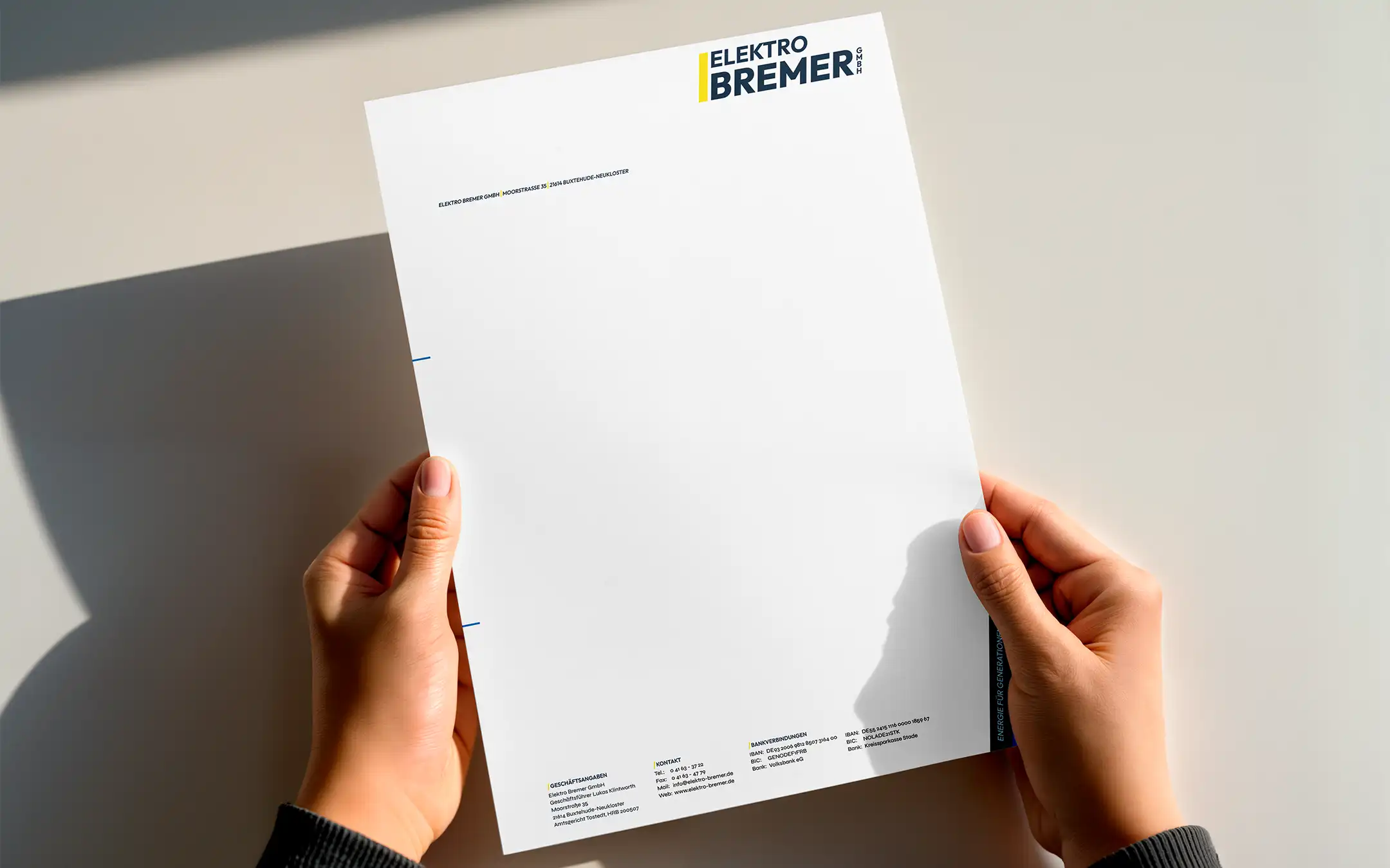 DIN A4 Briefpapier der Elektro Bremer GmbH mit Logo und Kontaktdaten im einheitlichen Markendesign