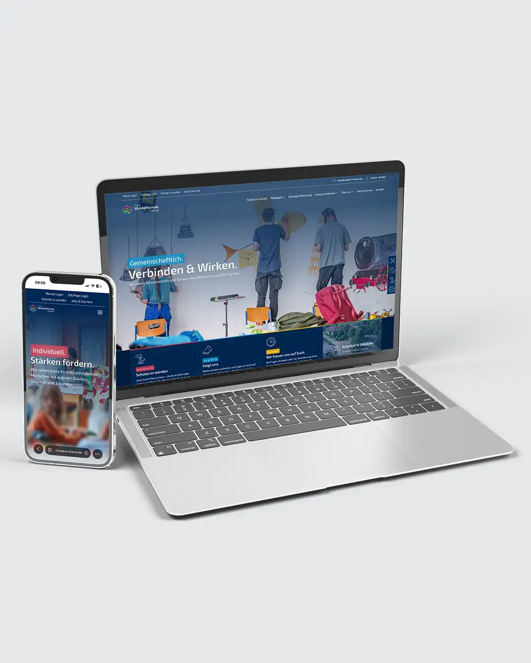 Mockup der neuen Website der Freien Waldorfschule Itzehoe auf Laptop und Smartphone mit Desktop- und mobiler Ansicht des modernen Webdesigns.